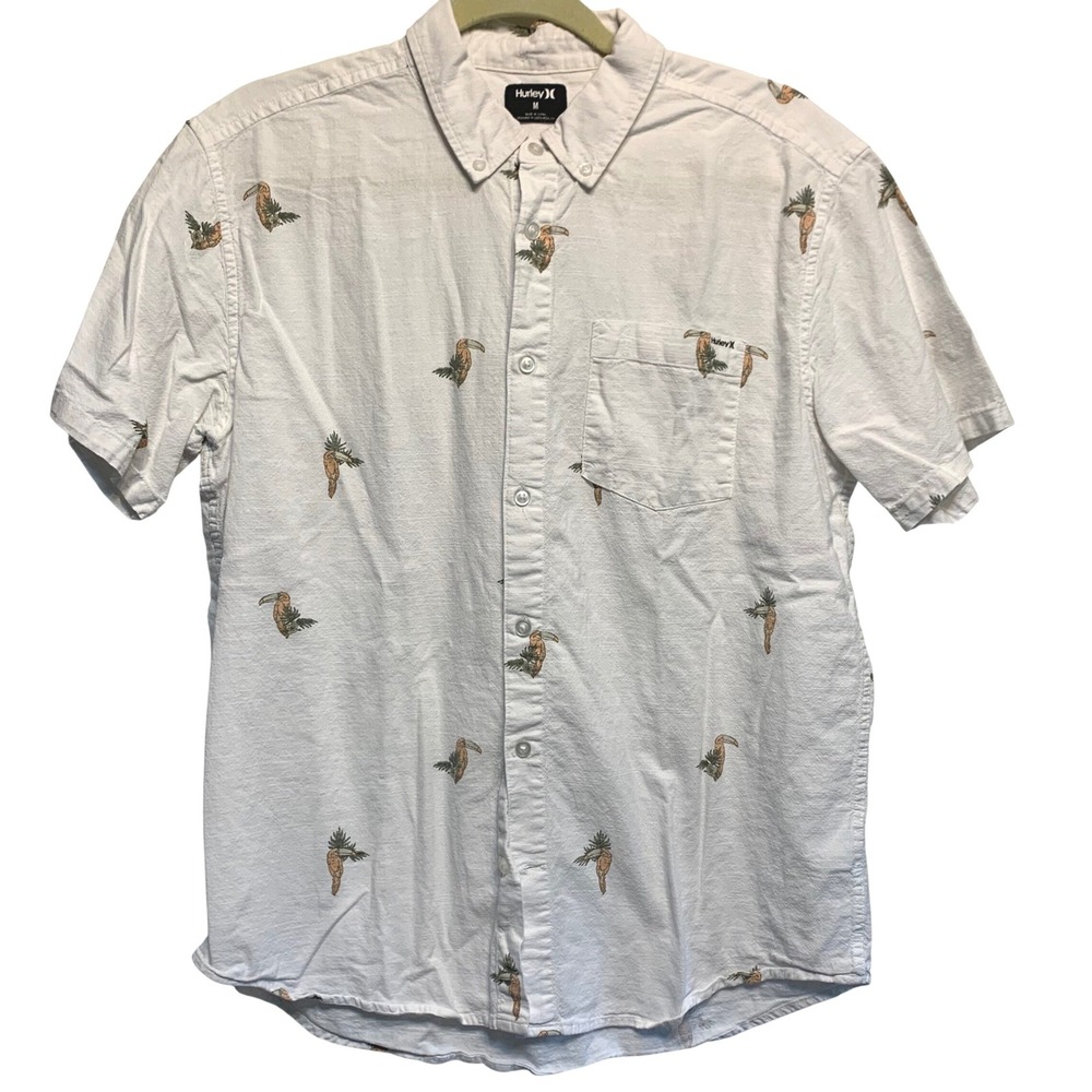 Hurley Toucan Print Short Sleeve Button Down Shirt Mens Size M White CZ6661